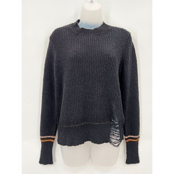 Raquel Allegra Pullover Sweater Size 1 Black Knit Cotton Long Sleeve Distressed - Picture 2 of 14